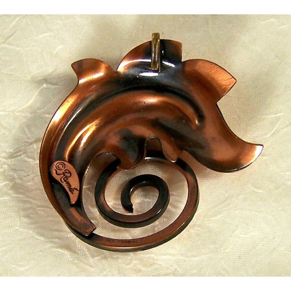 Rame' Copper Leaf Pendant Coil Swirl Artist Signed MCM Mid Century Modernist 2" - Picture 2 of 4